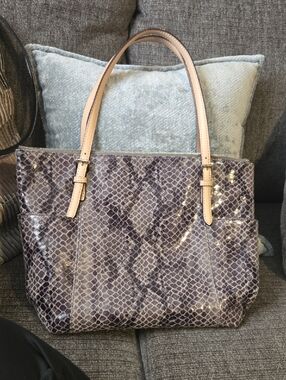 Michael Kors Women’s Snake-Print Tote Bag with Beige Handles